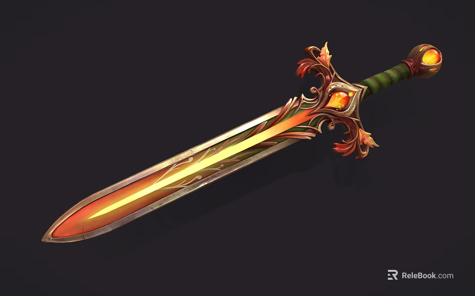 Ornate Mythical Sword With Gemstone Hilt Gold Red Accents And Glowing Bladed Edge 3d model 