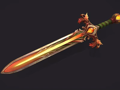 Ornate Mythical Sword With Gemstone Hilt Gold Red Accents And Glowing Bladed Edge 3d model