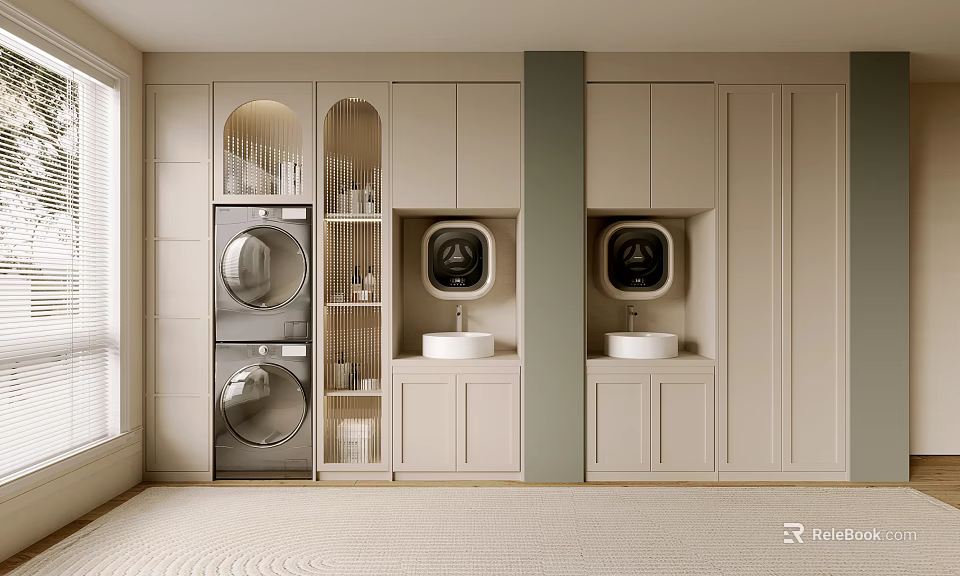 Modern Laundry Room Interior With Washer Dryer Sink And Storage Cabinets 3d model 