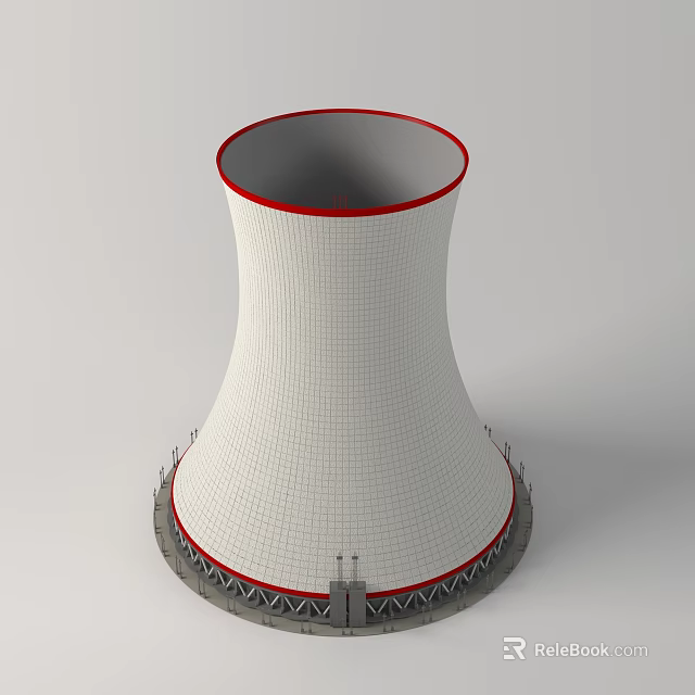 Industrial White Cooling Tower With Hyperbolic Shape Red Edges And Grid Pattern 3d model 