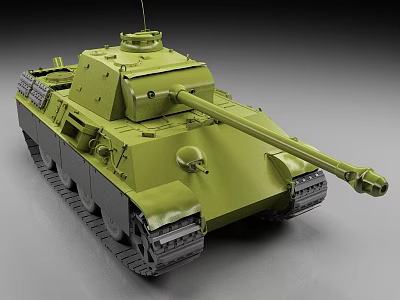 Green Military Tank 3D Model with Long Cannon Turret and Tracks on Gray Background 3d model