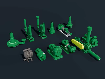 Green Industrial Equipment With Various Types Of Pumps Compressors And Mechanical Components 3d model