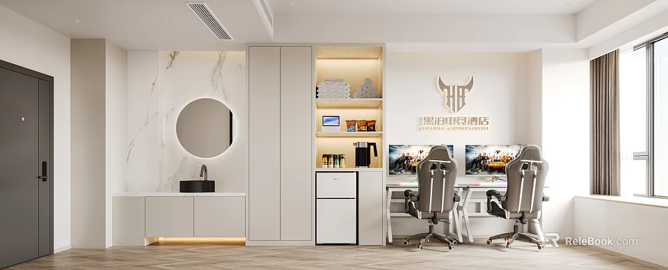 Modern Reception Area Interior With White Cabinets Round Mirror Marble Wall Desk Computer Screens And Chairs 3d model 