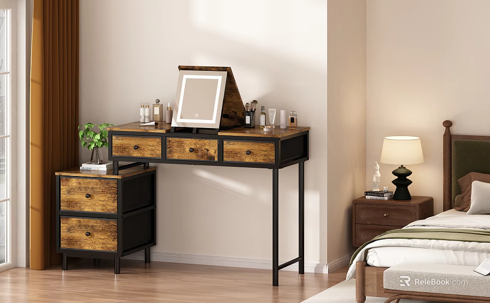 Rustic Wooden Dressing Table with Drawers Mirror Cosmetic Bottles and Plant in Bedroom 3d model 