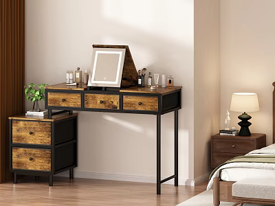 Rustic Wooden Dressing Table with Drawers Mirror Cosmetic Bottles and Plant in Bedroom 3d model