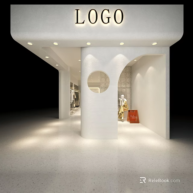 Modern Minimalist Clothing Store Entrance With White Circular Decor Mannequin And Warm Lighting 3d model 