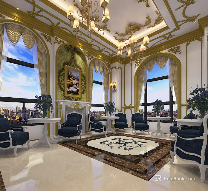 Luxurious Restaurant Interior With Chandeliers Large Windows Sofas Decorative Rug And Mural 3d model 