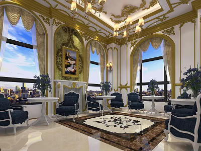 Luxurious Restaurant Interior With Chandeliers Large Windows Sofas Decorative Rug And Mural 3d model