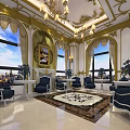 Luxurious Restaurant Interior With Chandeliers Large Windows Sofas Decorative Rug And Mural
