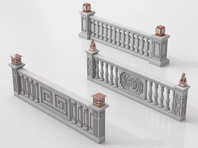 Elegant Classical Railings With Intricate Carvings Columns And Decorative Tops 3d model