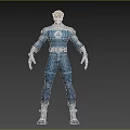 Futuristic Man In Blue Bodysuit With Four Logo Silver Gloves White Belt And Silver Boots
