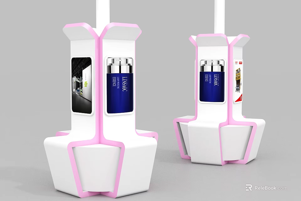 Modern Pink And White Display Shelves With Blue Product Bottles For Retail 3d model 