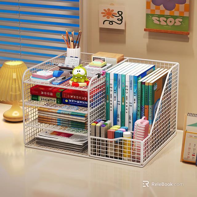 Metal Mesh Storage Organizer Keeping Desk Neat with Stationery Books and Supplies 3d model 