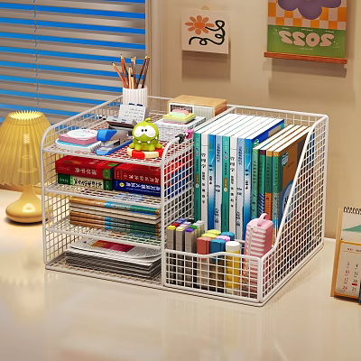 Metal Mesh Storage Organizer Keeping Desk Neat with Stationery Books and Supplies 3d model