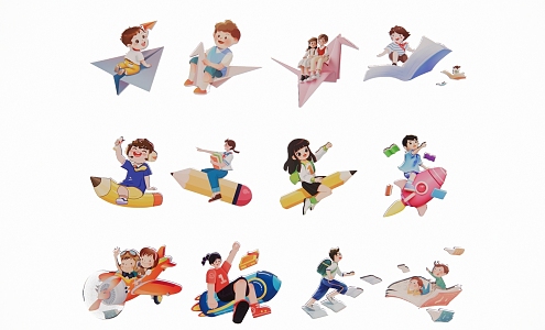 2D Cartoon Reading Characters Campus Culture Primary School Students Flying Characters 3d model