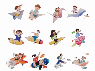 2D Cartoon Reading Characters Campus Culture Primary School Students Flying Characters 3d model