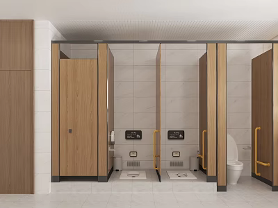 Clean Public Restroom With Wooden Stalls White Tile Walls And Yellow Grab Bars 3d model