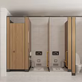 Clean Public Restroom With Wooden Stalls White Tile Walls And Yellow Grab Bars