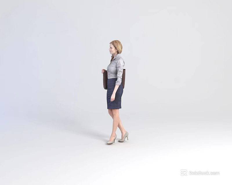 Professional Female Model Wearing Gray Top Dark Skirt Holding Handbag In Standing Pose 3d model 