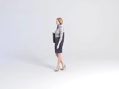 Professional Female Model Wearing Gray Top Dark Skirt Holding Handbag In Standing Pose 3d model