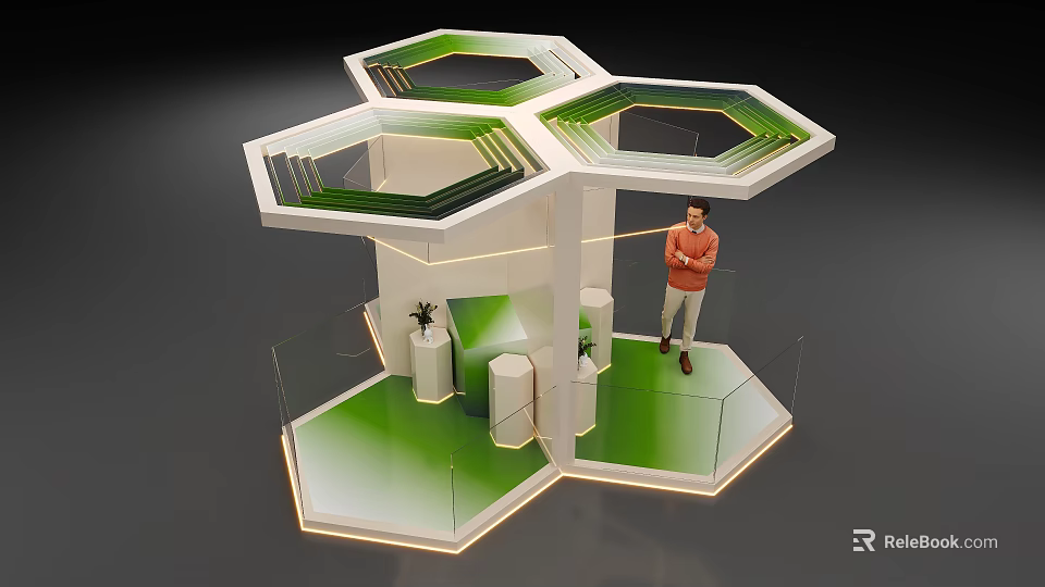 Interactive Zone Hexagonal Structure Green Floor With Person Standing And Plants 3d model