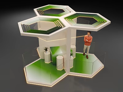 Interactive Zone Hexagonal Structure Green Floor With Person Standing And Plants 3d model