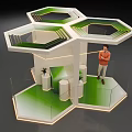 Interactive Zone Hexagonal Structure Green Floor With Person Standing And Plants 3d model