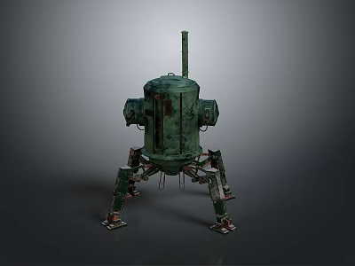 Rusted Green Mechanical Creature With Four Legs And Chimney Structure 3d model