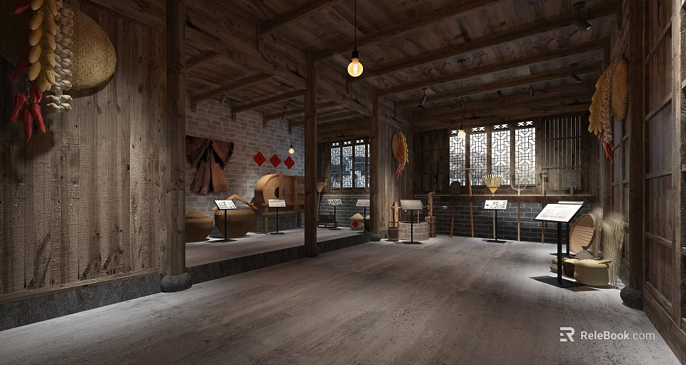 Traditional Chinese Exhibition Hall With Wooden Beams Pottery Jars And Hanging Lanterns 3d model 
