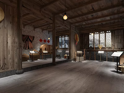 Traditional Chinese Exhibition Hall With Wooden Beams Pottery Jars And Hanging Lanterns 3d model