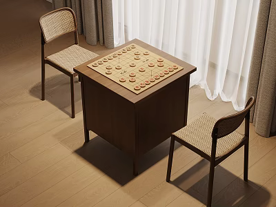 Wooden Chessboard Table Setup With Two Woven Seat Chairs On Wooden Floor And White Curtains 3d model
