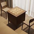 Wooden Chessboard Table Setup With Two Woven Seat Chairs On Wooden Floor And White Curtains