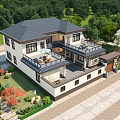 Chinese Design Detached Villa Featuring Black Roof Balcony Lush Green Plants And Front Yard