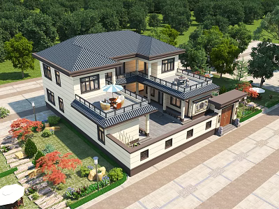 Chinese Design Detached Villa Featuring Black Roof Balcony Lush Green Plants And Front Yard 3d model