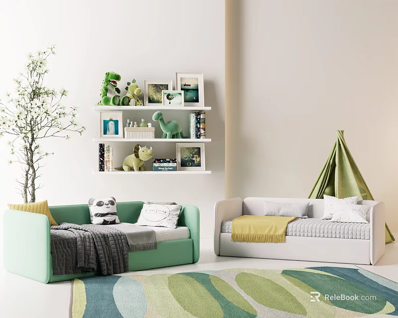 Cozy Children's Room With Green And White Sofas Toy Shelf Teepee Tent And Colorful Carpet 3d model 