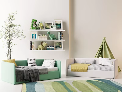 Cozy Children's Room With Green And White Sofas Toy Shelf Teepee Tent And Colorful Carpet 3d model