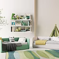 Cozy Children's Room With Green And White Sofas Toy Shelf Teepee Tent And Colorful Carpet