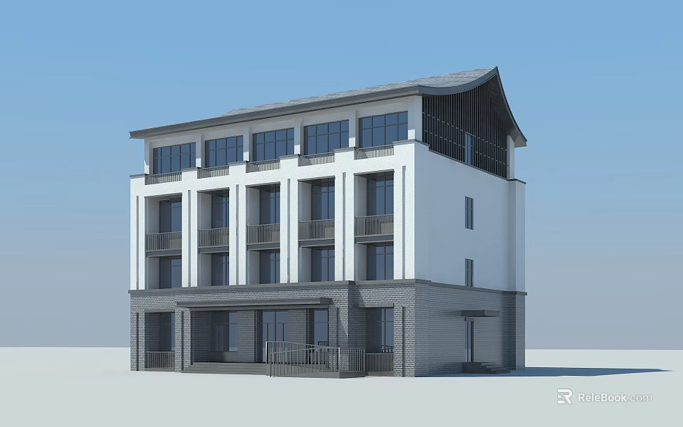 Modern Multi Story Office Building With Traditional Roof And White Gray Facade 3d model 
