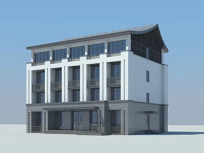 Modern Multi Story Office Building With Traditional Roof And White Gray Facade 3d model