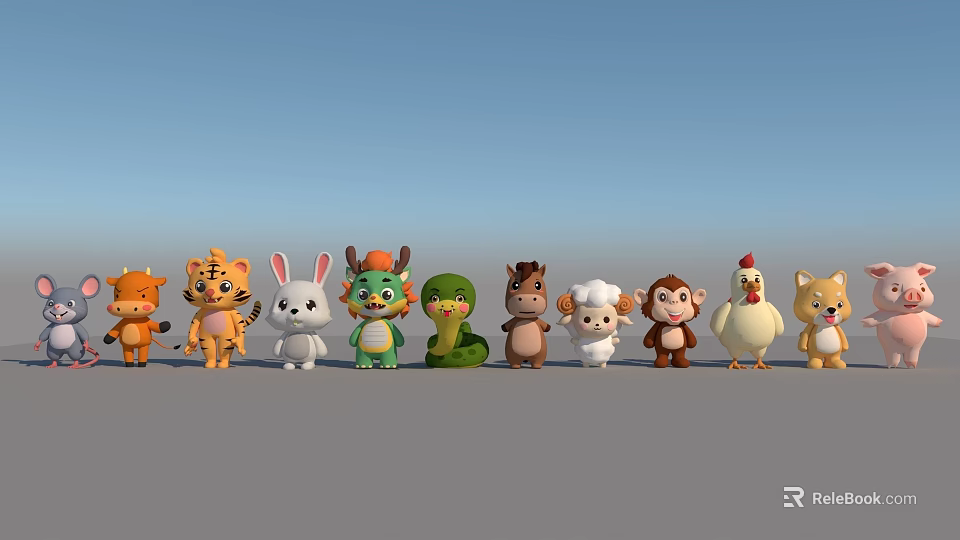 Cute Cartoon Animal Characters Standing In A Row With Blue Sky And Gray Ground 3d model 