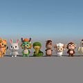 Cute Cartoon Animal Characters Standing In A Row With Blue Sky And Gray Ground