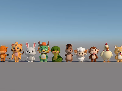 Cute Cartoon Animal Characters Standing In A Row With Blue Sky And Gray Ground 3d model