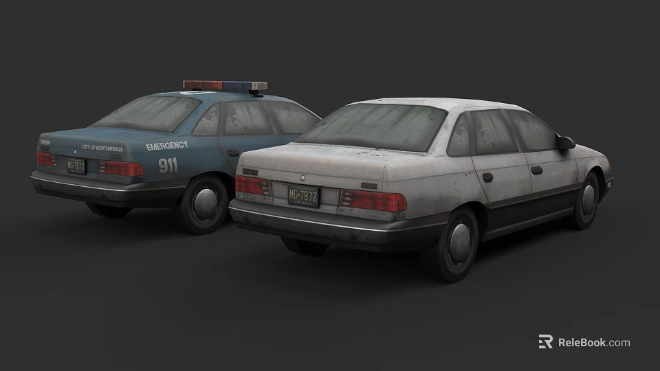 Old Police Car With 911 Logo And White Sedan Parked Together 3d model 