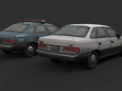 Old Police Car With 911 Logo And White Sedan Parked Together 3d model