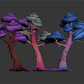 Cartoon Fantasy Scene With Colorful Mushroom Trees Pink Trunks And Blue Caps