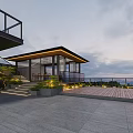 Modern Villa Balcony With Glass Walls Illuminated Steps And Greenery