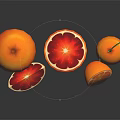 Fresh Blood Oranges Whole And Sliced With Kumquat On Black Reflective Surface