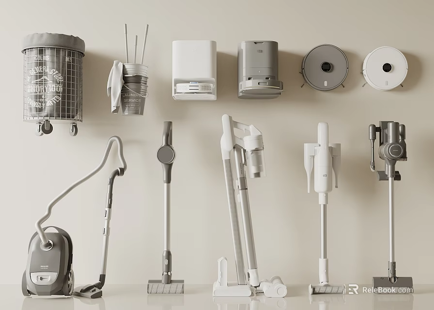 Essential Daily Household Appliances Including Vacuum Cleaners Utensil Holders Trash Cans And Toilet Paper Holders 3d model 