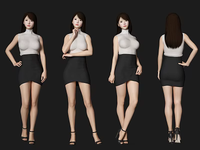 Woman In White Sleeveless Top And Black Short Skirt With High Heels From Multiple Angles 3d model