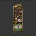 Vintage Green Cabinet With Open Door Shelves Bottles Jars And Bowls